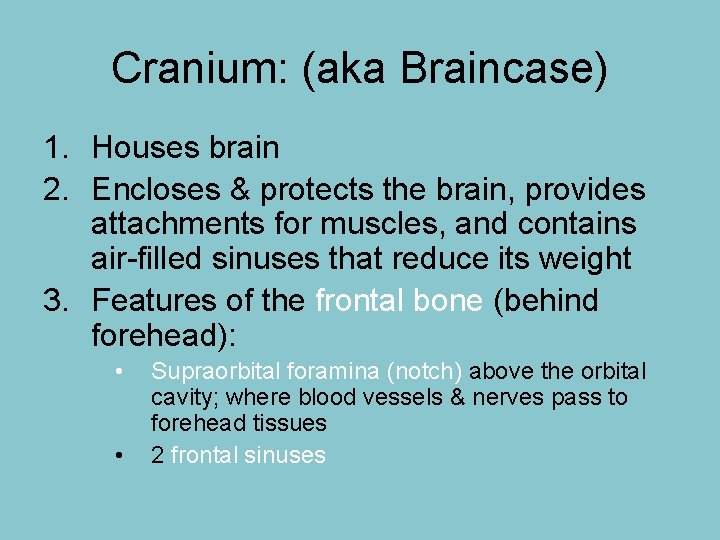 Cranium: (aka Braincase) 1. Houses brain 2. Encloses & protects the brain, provides attachments