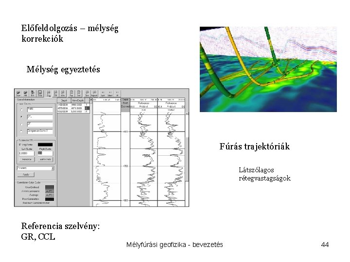 Előfeldolgozás – mélység korrekciók Mélység egyeztetés Fúrás trajektóriák Látszólagos rétegvastagságok Referencia szelvény: GR, CCL