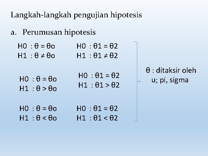 Langkah-langkah pengujian hipotesis a. Perumusan hipotesis H 0 : θ = θo H 1