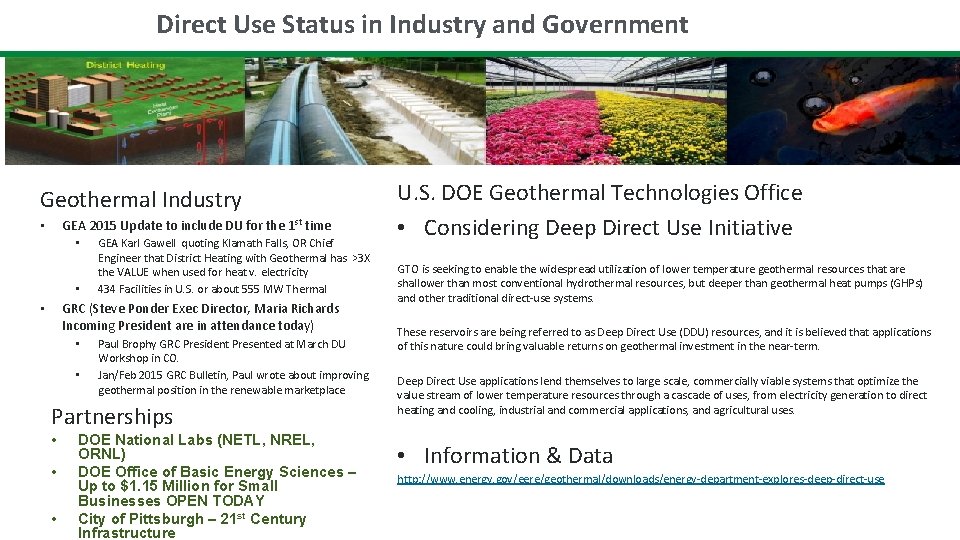 Direct Use Status in Industry and Government Geothermal Industry GEA 2015 Update to include