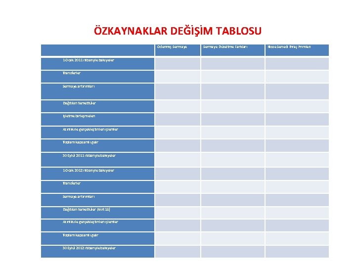 ÖZKAYNAKLAR DEĞİŞİM TABLOSU Ödenmiş Sermaye Düzeltme Farkları Hisse Senedi İhraç Primleri 1 Ocak 2011