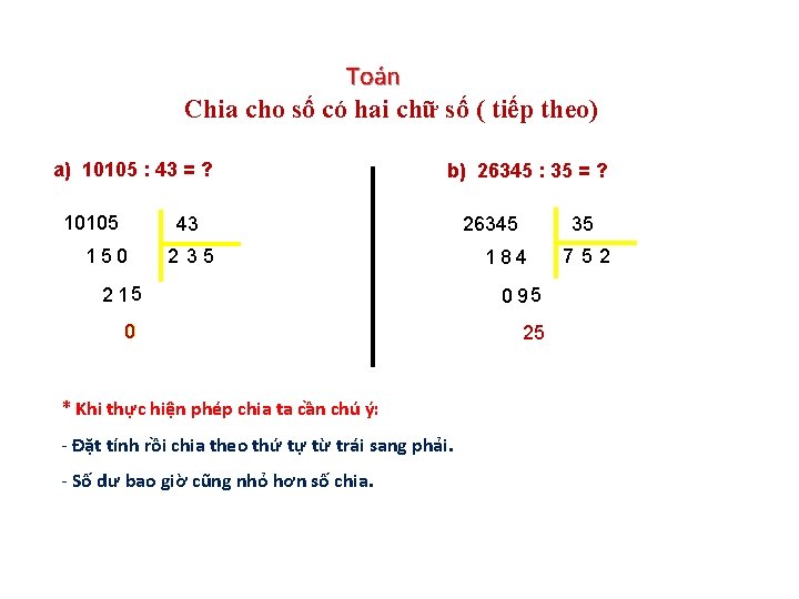 Toán Chia cho số có hai chữ số ( tiếp theo) a) 10105 :