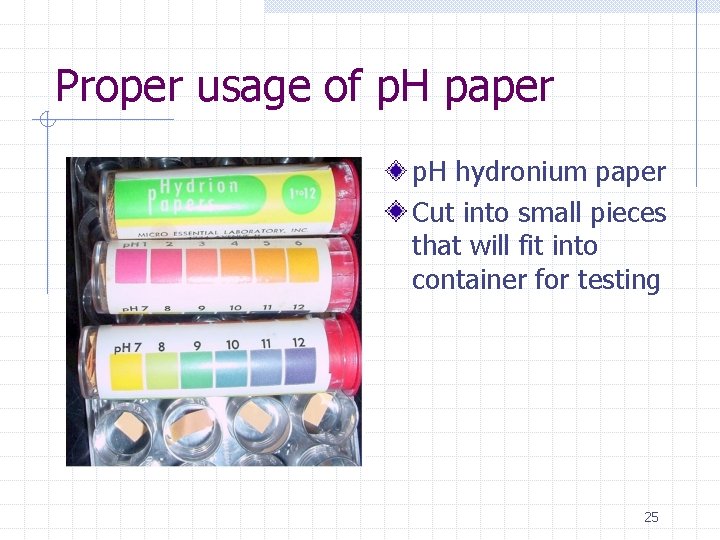 Proper usage of p. H paper p. H hydronium paper Cut into small pieces