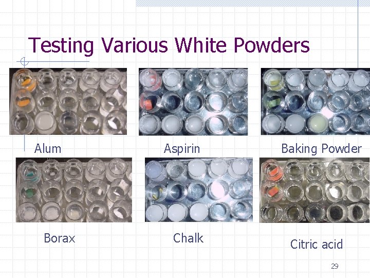 Testing Various White Powders Alum Borax Aspirin Chalk Baking Powder Citric acid 29 