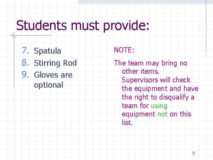 Students must provide: 7. Spatula 8. Stirring Rod 9. Gloves are optional NOTE: The