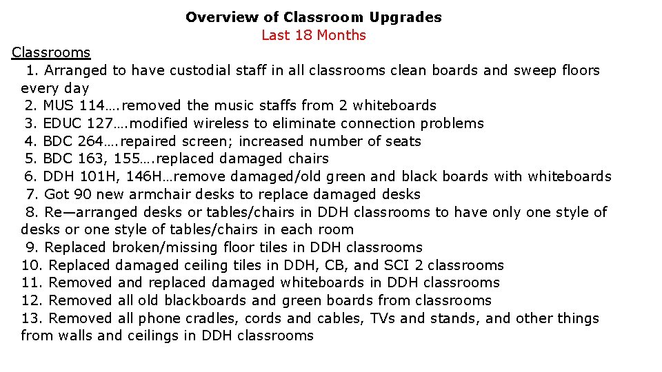 Overview of Classroom Upgrades Last 18 Months Classrooms 1. Arranged to have custodial staff