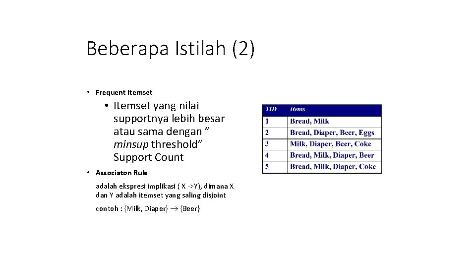 Beberapa Istilah (2) • Frequent Itemset • Itemset yang nilai supportnya lebih besar atau