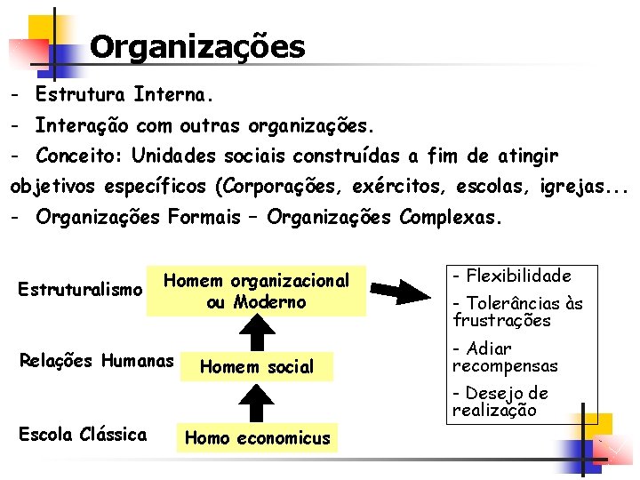 Organizações - Estrutura Interna. - Interação com outras organizações. - Conceito: Unidades sociais construídas