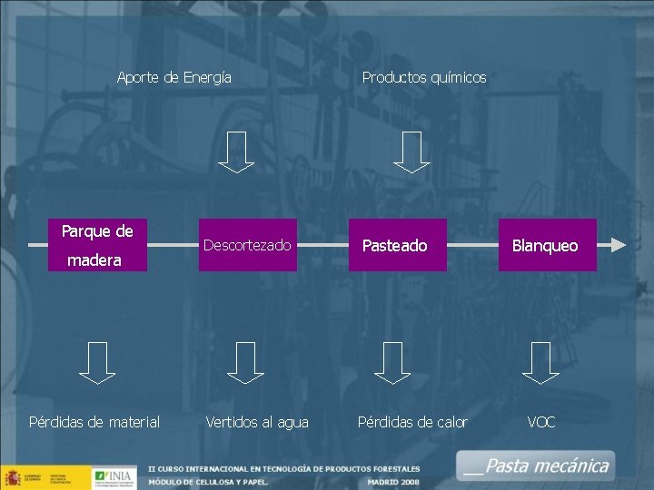 Aporte de Energía Parque de madera Pérdidas de material Productos químicos Descortezado Pasteado Vertidos