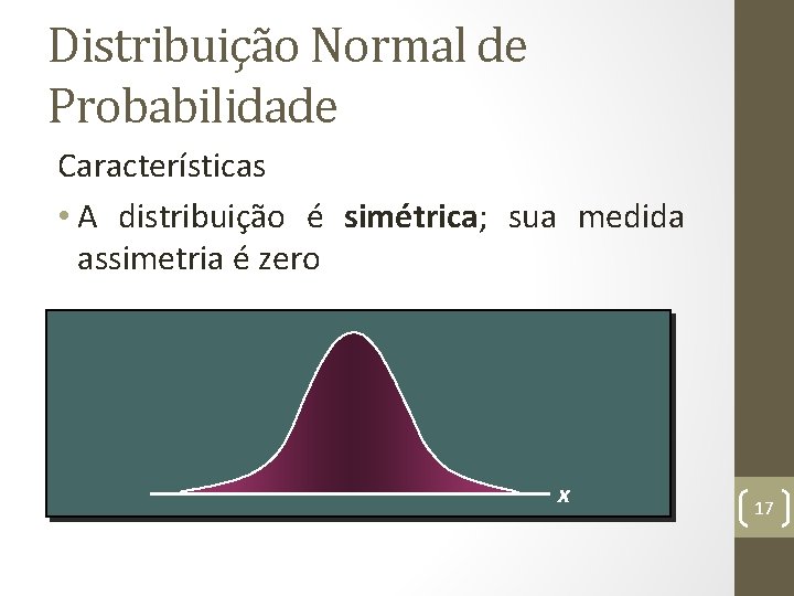 Distribuição Normal de Probabilidade Características • A distribuição é simétrica; sua medida assimetria é