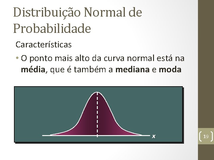 Distribuição Normal de Probabilidade Características • O ponto mais alto da curva normal está