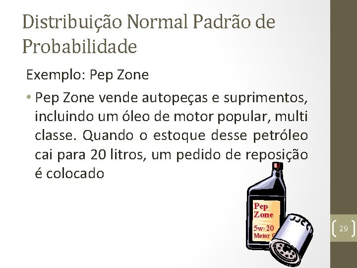 Distribuição Normal Padrão de Probabilidade Exemplo: Pep Zone • Pep Zone vende autopeças e