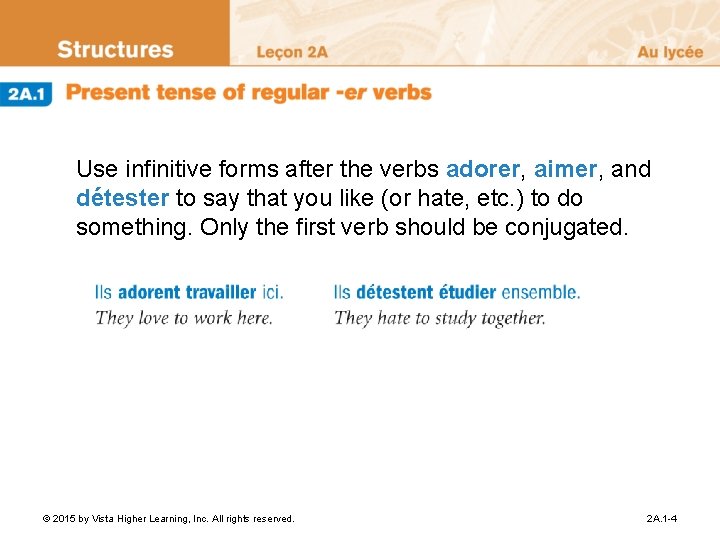 Use infinitive forms after the verbs adorer, aimer, and détester to say that you