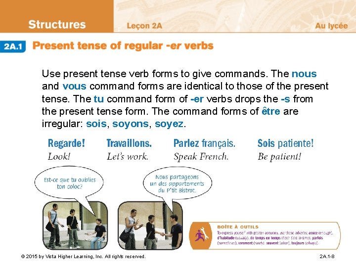 Use present tense verb forms to give commands. The nous and vous command forms