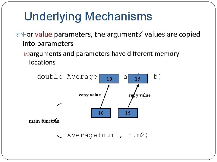 Underlying Mechanisms For value parameters, the arguments’ values are copied into parameters arguments and