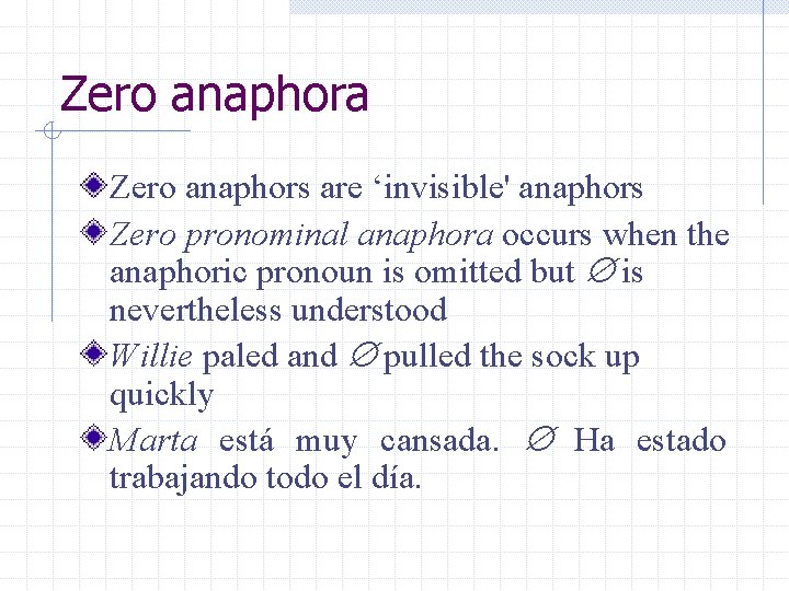 Zero anaphora Zero anaphors are ‘invisible' anaphors Zero pronominal anaphora occurs when the anaphoric