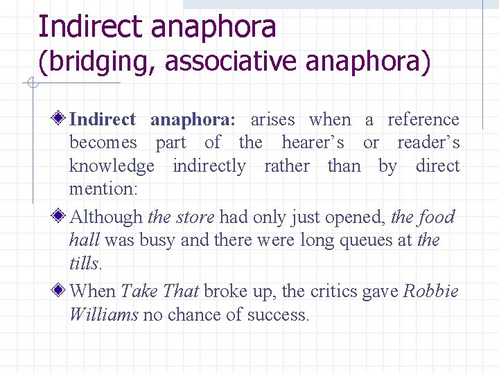 Indirect anaphora (bridging, associative anaphora) Indirect anaphora: arises when a reference becomes part of
