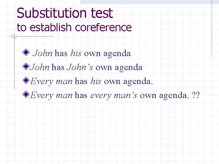 Substitution test to establish coreference John has his own agenda John has John’s own