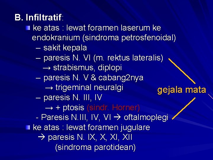 B. Infiltratif: ke atas : lewat foramen laserum ke endokranium (sindroma petrosfenoidal) – sakit