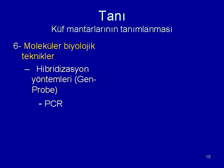 Tanı Küf mantarlarının tanımlanması 6 - Moleküler biyolojik teknikler – Hibridizasyon yöntemleri (Gen. Probe)