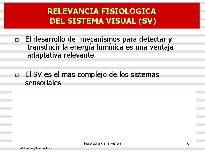 RELEVANCIA FISIOLOGICA DEL SISTEMA VISUAL (SV) o o El desarrollo de mecanismos para detectar