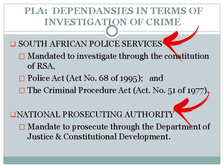 PLA: DEPENDANSIES IN TERMS OF INVESTIGATION OF CRIME q SOUTH AFRICAN POLICE SERVICES �