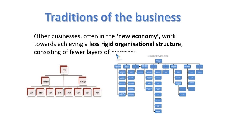 Other businesses, often in the ‘new economy’, work towards achieving a less rigid organisational