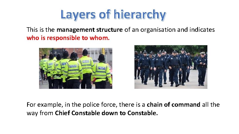 Layers of hierarchy This is the management structure of an organisation and indicates who