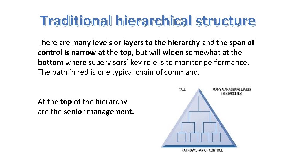 Traditional hierarchical structure There are many levels or layers to the hierarchy and the