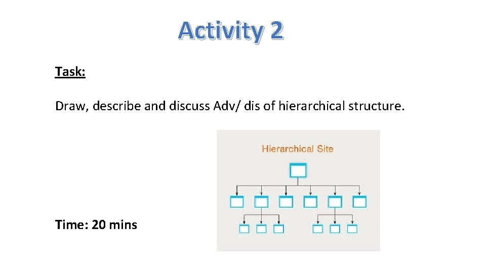 Activity 2 Task: Draw, describe and discuss Adv/ dis of hierarchical structure. Time: 20