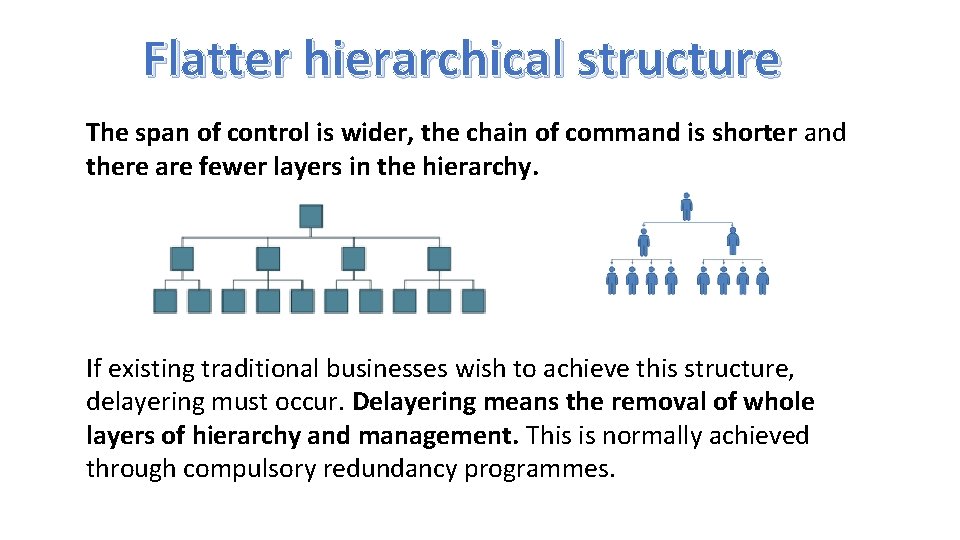 Flatter hierarchical structure The span of control is wider, the chain of command is