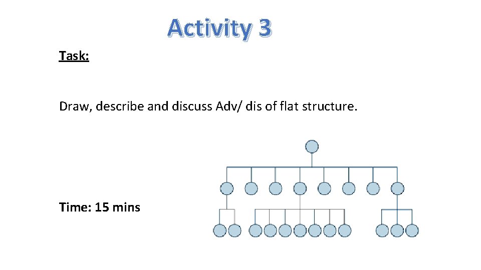 Activity 3 Task: Draw, describe and discuss Adv/ dis of flat structure. Time: 15