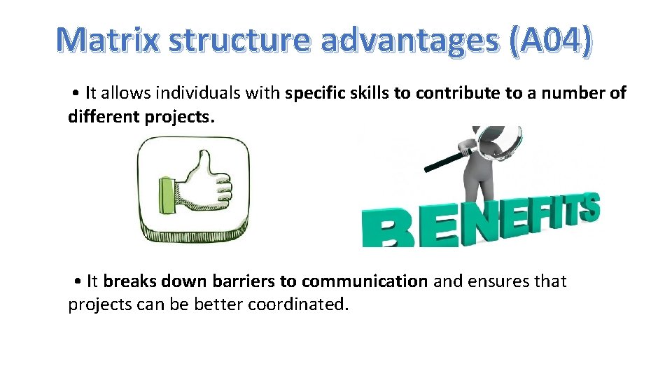 Matrix structure advantages (A 04) • It allows individuals with specific skills to contribute