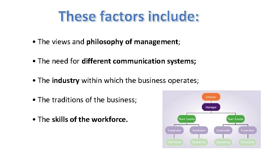 These factors include: • The views and philosophy of management; • The need for