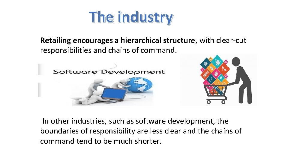 The industry Retailing encourages a hierarchical structure, with clear-cut responsibilities and chains of command.