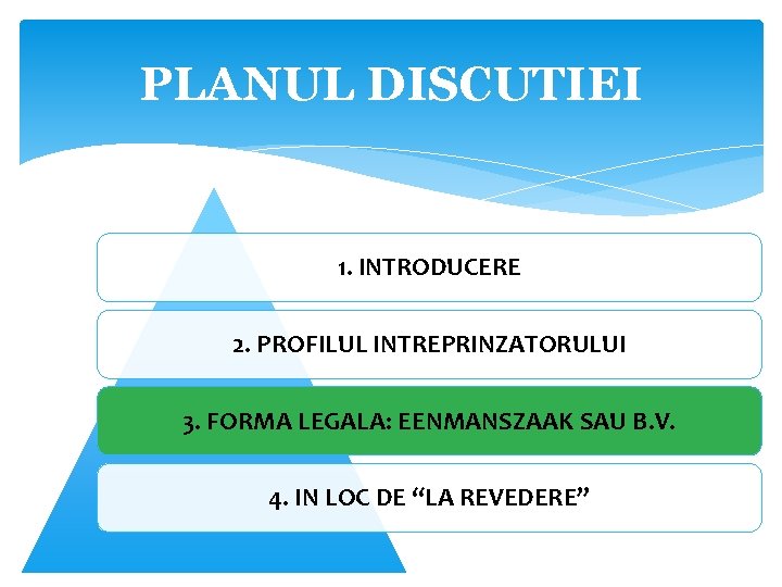 PLANUL DISCUTIEI 1. INTRODUCERE 2. PROFILUL INTREPRINZATORULUI 3. FORMA LEGALA: EENMANSZAAK SAU B. V.