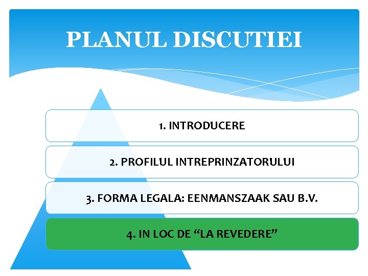 PLANUL DISCUTIEI 1. INTRODUCERE 2. PROFILUL INTREPRINZATORULUI 3. FORMA LEGALA: EENMANSZAAK SAU B. V.