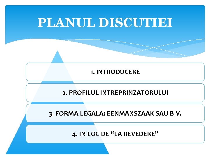 PLANUL DISCUTIEI 1. INTRODUCERE 2. PROFILUL INTREPRINZATORULUI 3. FORMA LEGALA: EENMANSZAAK SAU B. V.