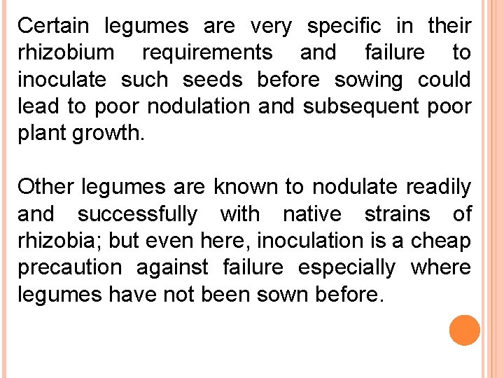 Certain legumes are very specific in their rhizobium requirements and failure to inoculate such