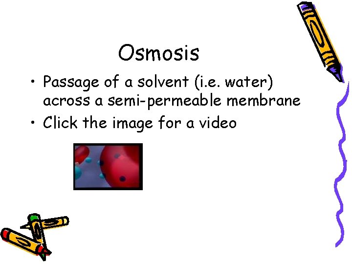 Osmosis • Passage of a solvent (i. e. water) across a semi-permeable membrane •