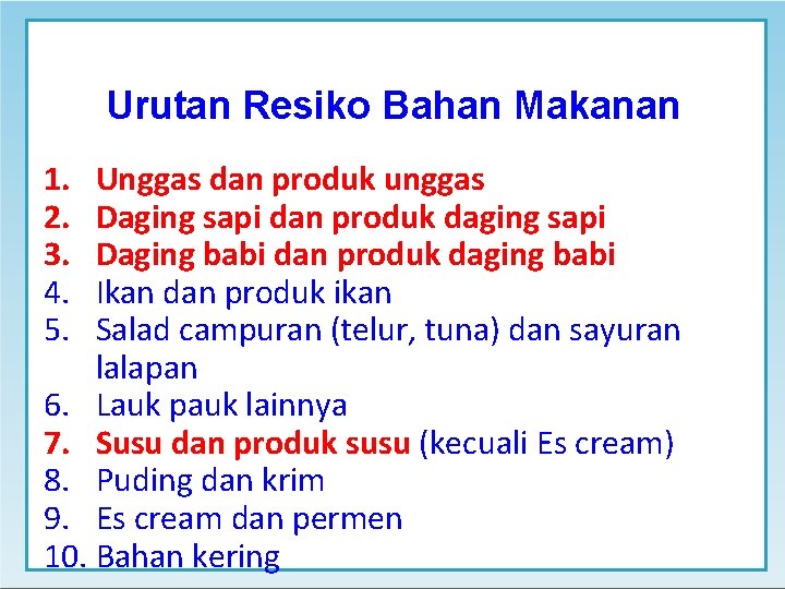 Urutan Resiko Bahan Makanan 1. 2. 3. 4. 5. Unggas dan produk unggas Daging