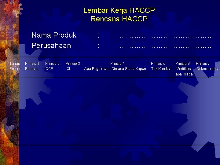 Lembar Kerja HACCP Rencana HACCP Nama Produk Perusahaan : : ………………………………. . Tahap Prinsip