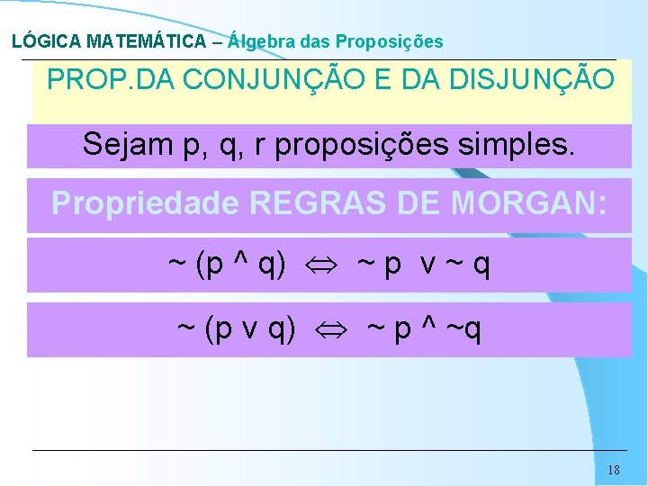LÓGICA MATEMÁTICA – Álgebra das Proposições PROP. DA CONJUNÇÃO E DA DISJUNÇÃO Sejam p,