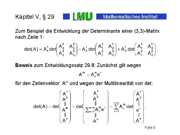 Kapitel V, § 29 Zum Beispiel die Entwicklung der Determinante einer (3, 3)-Matrix nach