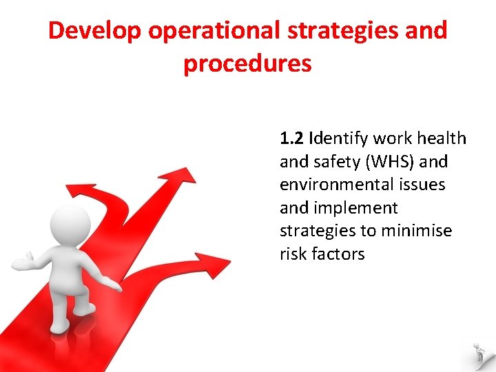 Develop operational strategies and procedures 1. 2 Identify work health and safety (WHS) and