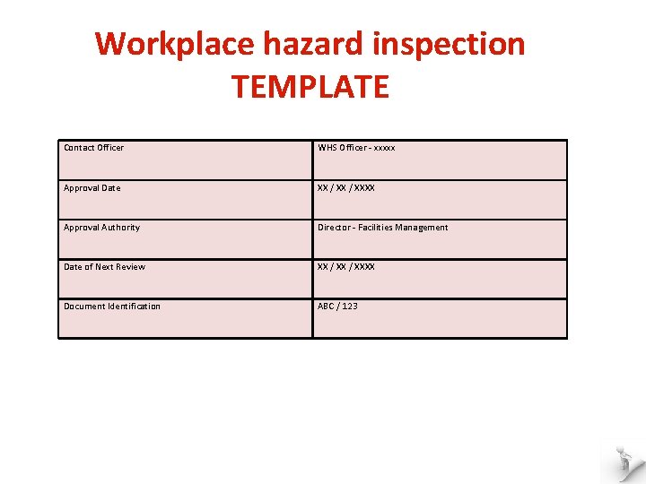 Workplace hazard inspection TEMPLATE Contact Officer WHS Officer - xxxxx Approval Date XX /
