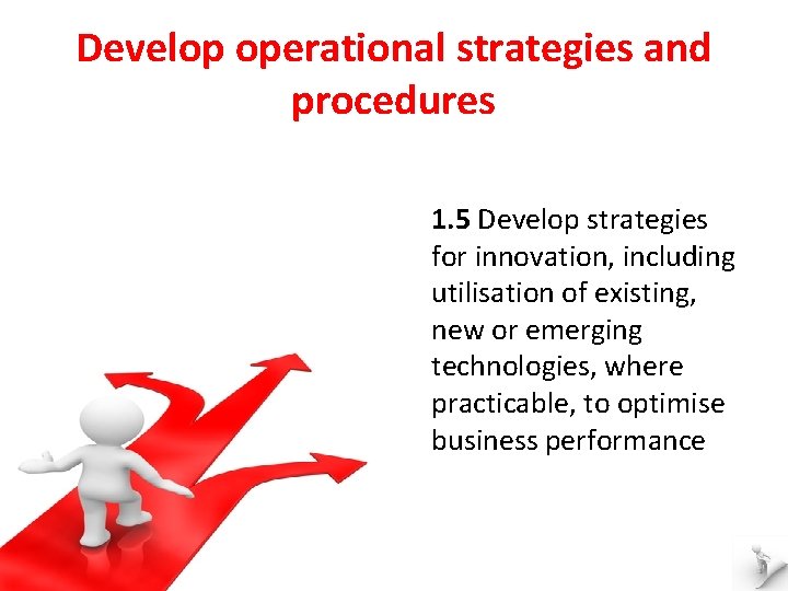 Develop operational strategies and procedures 1. 5 Develop strategies for innovation, including utilisation of