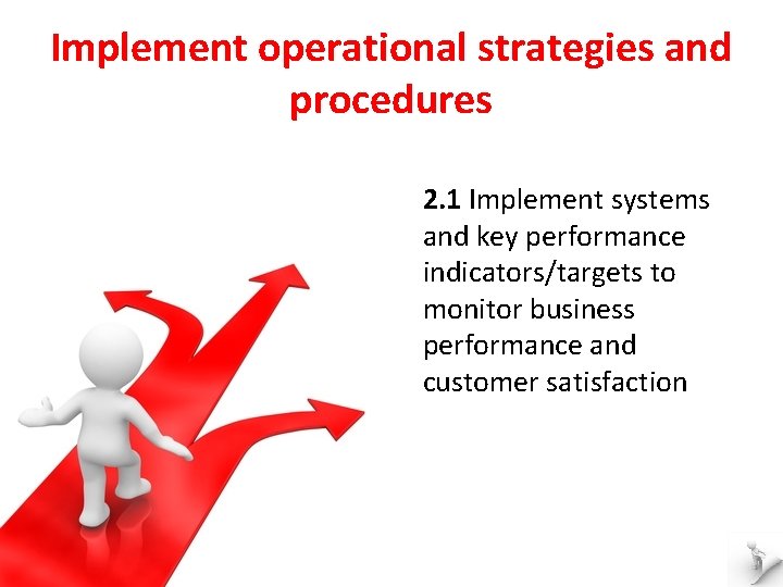 Implement operational strategies and procedures 2. 1 Implement systems and key performance indicators/targets to