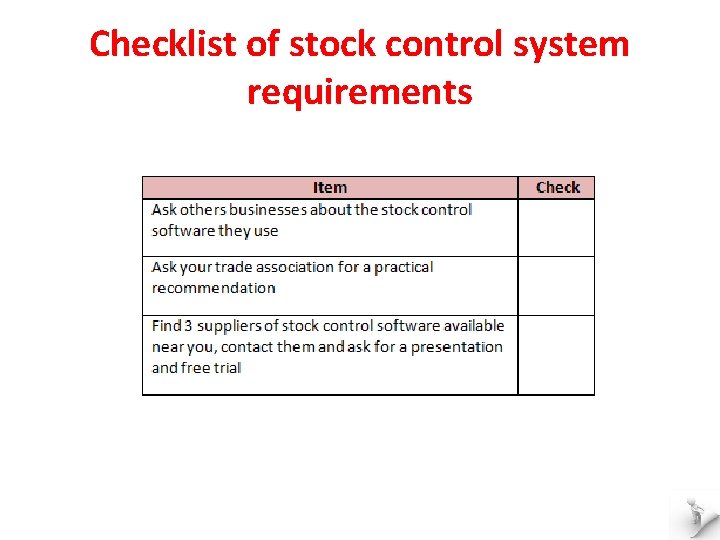Checklist of stock control system requirements 