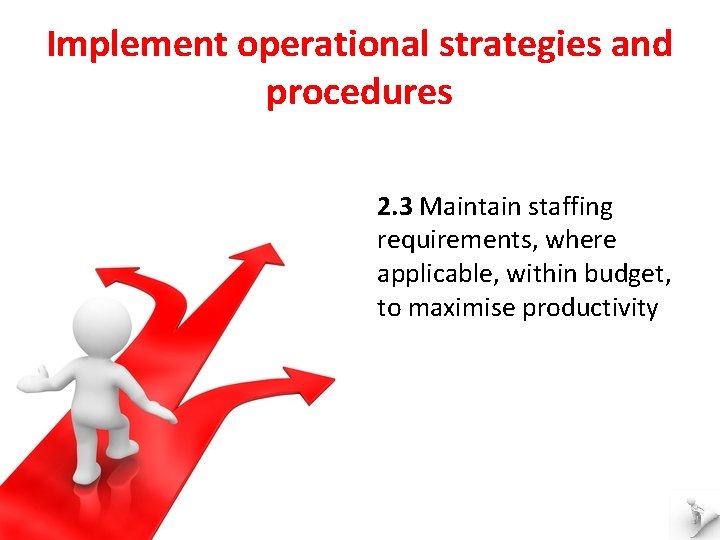 Implement operational strategies and procedures 2. 3 Maintain staffing requirements, where applicable, within budget,
